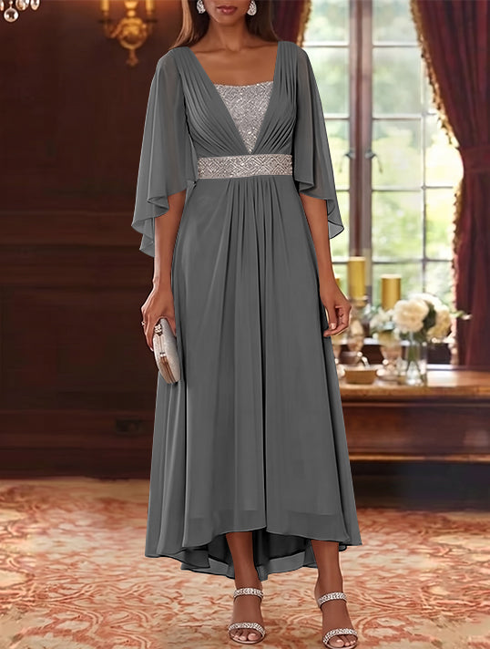 A-Line/Princess Square Collar Chiffon Mother of the Bride Dresses Sequins High-Low Tea-Length 3/4 Sleeves Sash