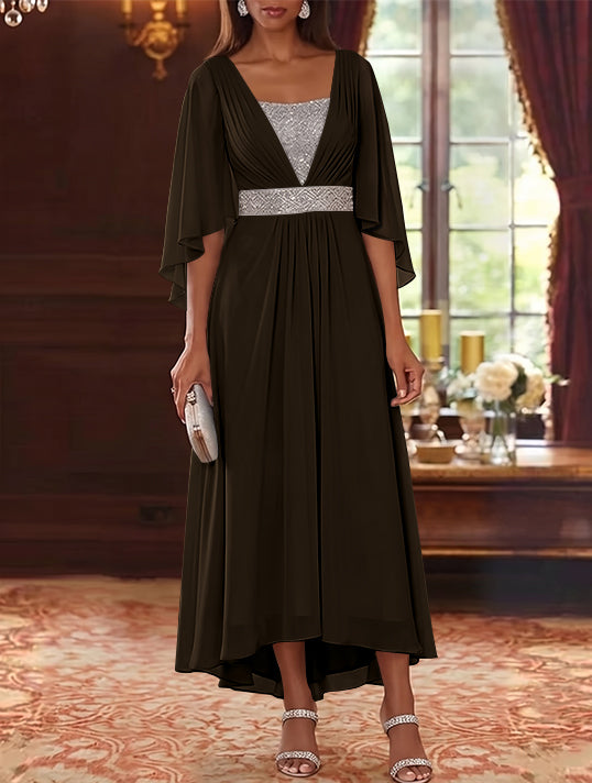 A-Line/Princess Square Collar Chiffon Mother of the Bride Dresses Sequins High-Low Tea-Length 3/4 Sleeves Sash