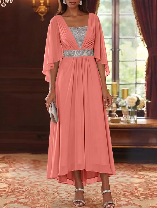 A-Line/Princess Square Collar Chiffon Mother of the Bride Dresses Sequins High-Low Tea-Length 3/4 Sleeves Sash