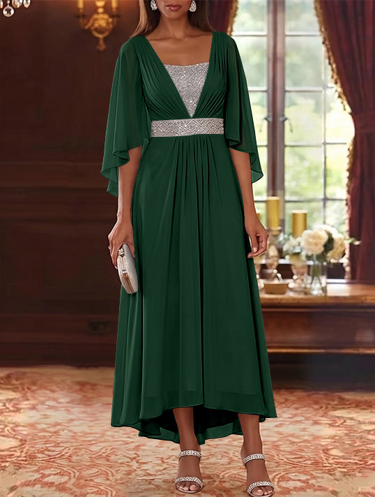 A-Line/Princess Square Collar Chiffon Mother of the Bride Dresses Sequins High-Low Tea-Length 3/4 Sleeves Sash