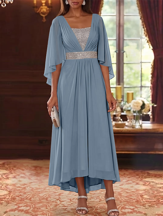 A-Line/Princess Square Collar Chiffon Mother of the Bride Dresses Sequins High-Low Tea-Length 3/4 Sleeves Sash