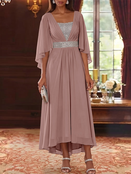 A-Line/Princess Square Collar Chiffon Mother of the Bride Dresses Sequins High-Low Tea-Length 3/4 Sleeves Sash