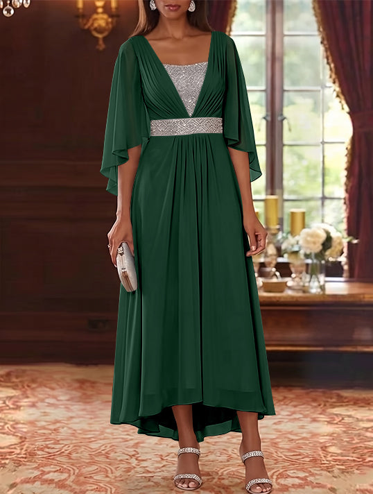 A-Line/Princess Square Collar Chiffon Mother of the Bride Dresses Sequins High-Low Tea-Length 3/4 Sleeves Sash