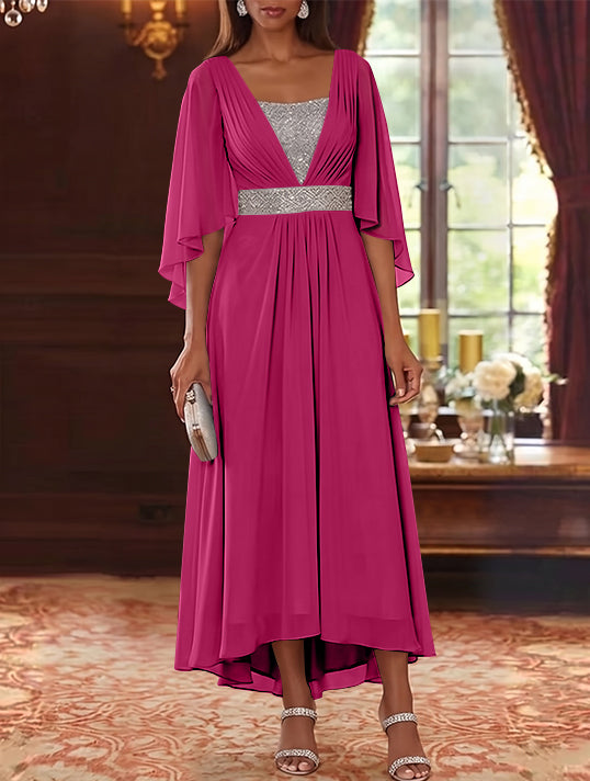 A-Line/Princess Square Collar Chiffon Mother of the Bride Dresses Sequins High-Low Tea-Length 3/4 Sleeves Sash