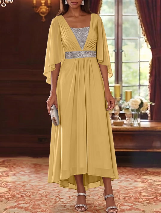 A-Line/Princess Square Collar Chiffon Mother of the Bride Dresses Sequins High-Low Tea-Length 3/4 Sleeves Sash