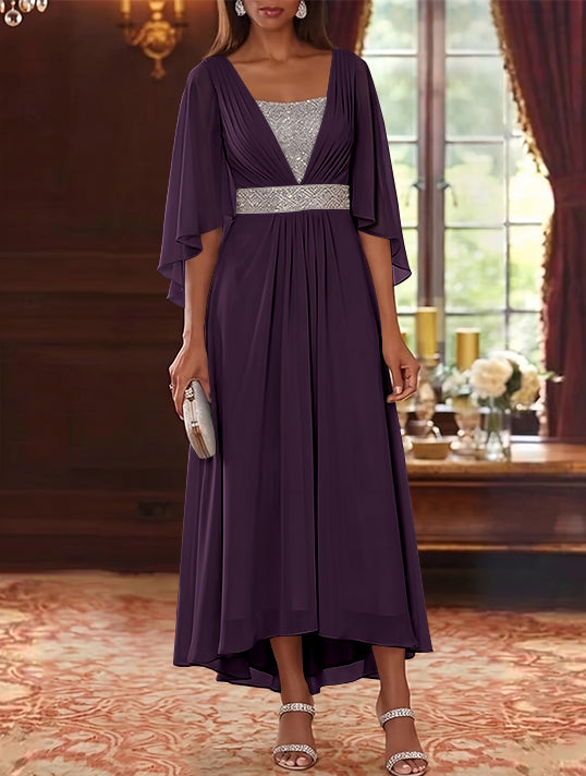A-Line/Princess Square Collar Chiffon Mother of the Bride Dresses Sequins High-Low Tea-Length 3/4 Sleeves Sash