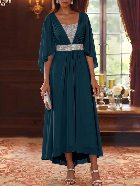 A-Line/Princess Square Collar Chiffon Mother of the Bride Dresses Sequins High-Low Tea-Length 3/4 Sleeves Sash