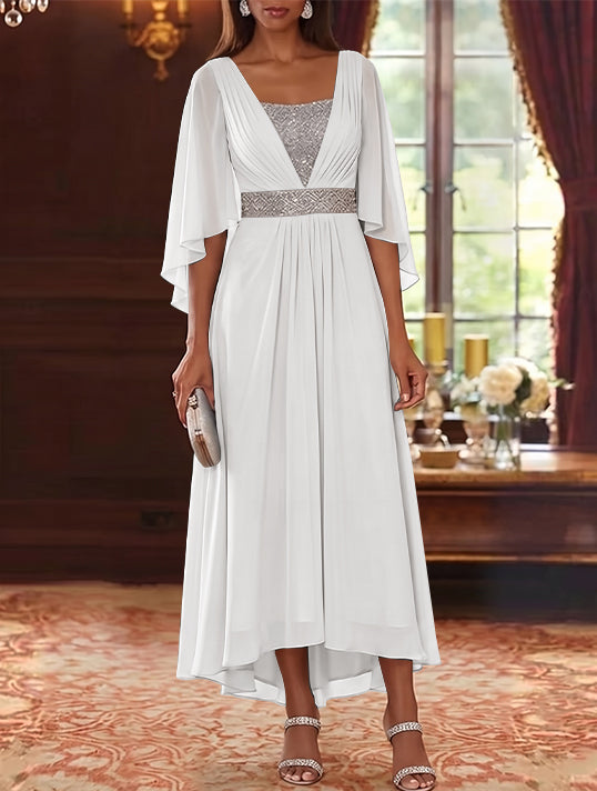 A-Line/Princess Square Collar Chiffon Mother of the Bride Dresses Sequins High-Low Tea-Length 3/4 Sleeves Sash