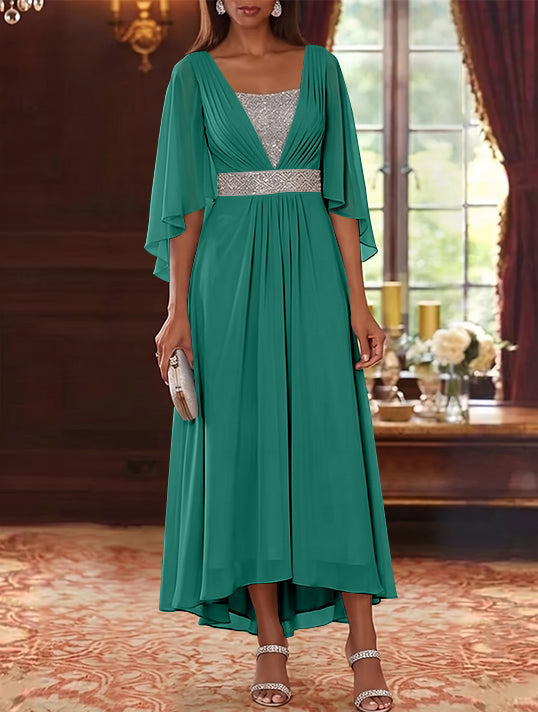 A-Line/Princess Square Collar Chiffon Mother of the Bride Dresses Sequins High-Low Tea-Length 3/4 Sleeves Sash
