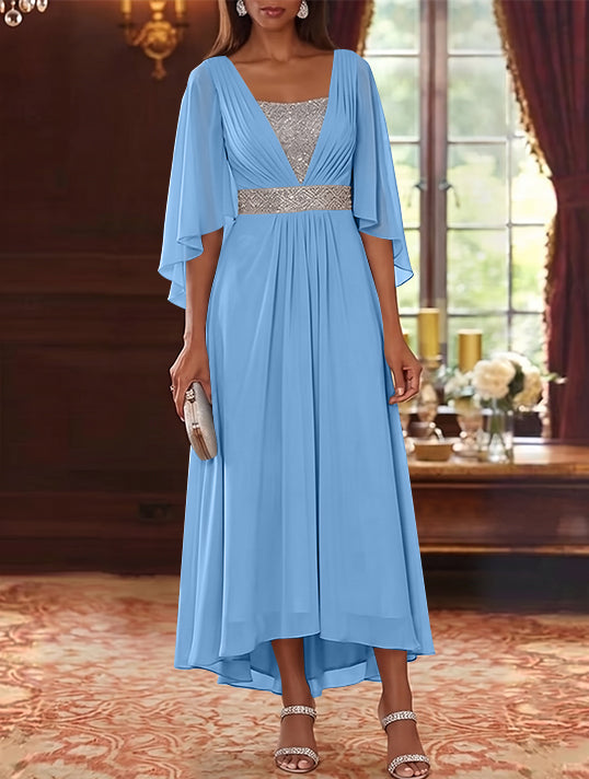 A-Line/Princess Square Collar Chiffon Mother of the Bride Dresses Sequins High-Low Tea-Length 3/4 Sleeves Sash