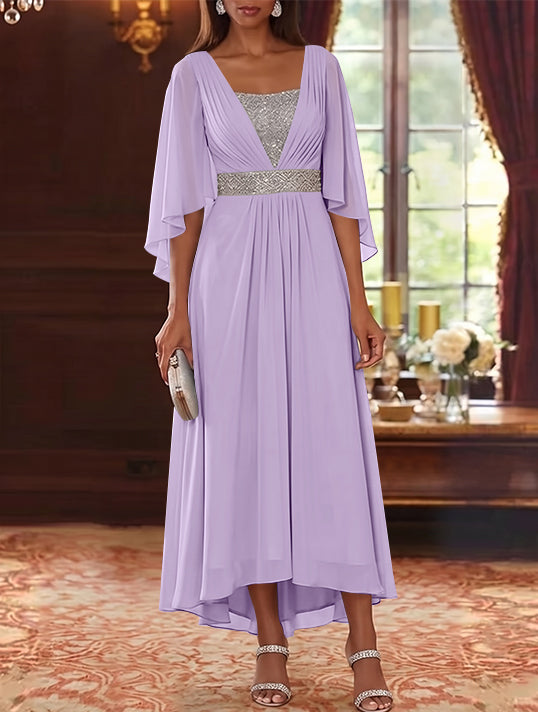 A-Line/Princess Square Collar Chiffon Mother of the Bride Dresses Sequins High-Low Tea-Length 3/4 Sleeves Sash