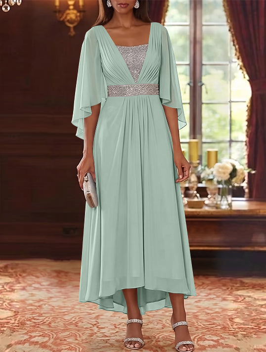 A-Line/Princess Square Collar Chiffon Mother of the Bride Dresses Sequins High-Low Tea-Length 3/4 Sleeves Sash