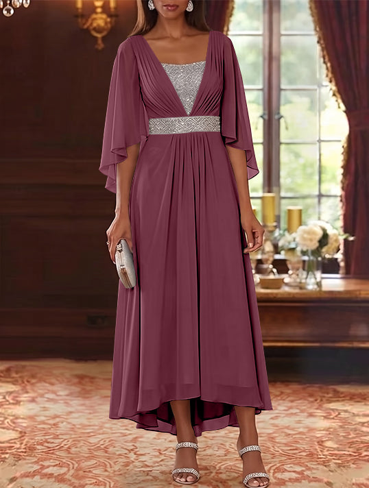 A-Line/Princess Square Collar Chiffon Mother of the Bride Dresses Sequins High-Low Tea-Length 3/4 Sleeves Sash