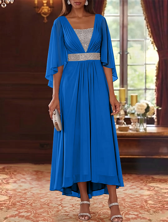A-Line/Princess Square Collar Chiffon Mother of the Bride Dresses Sequins High-Low Tea-Length 3/4 Sleeves Sash