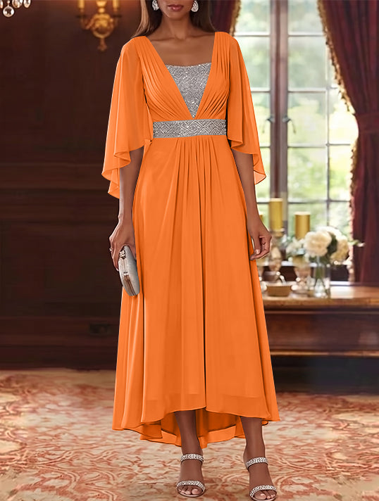 A-Line/Princess Square Collar Chiffon Mother of the Bride Dresses Sequins High-Low Tea-Length 3/4 Sleeves Sash