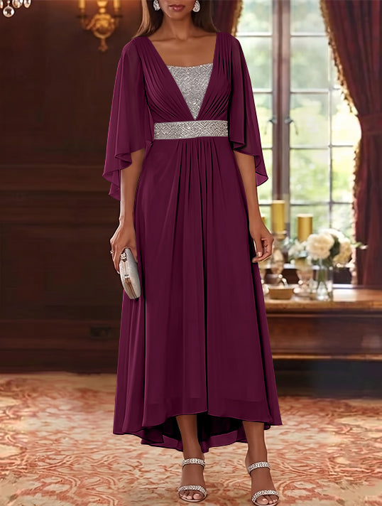 A-Line/Princess Square Collar Chiffon Mother of the Bride Dresses Sequins High-Low Tea-Length 3/4 Sleeves Sash