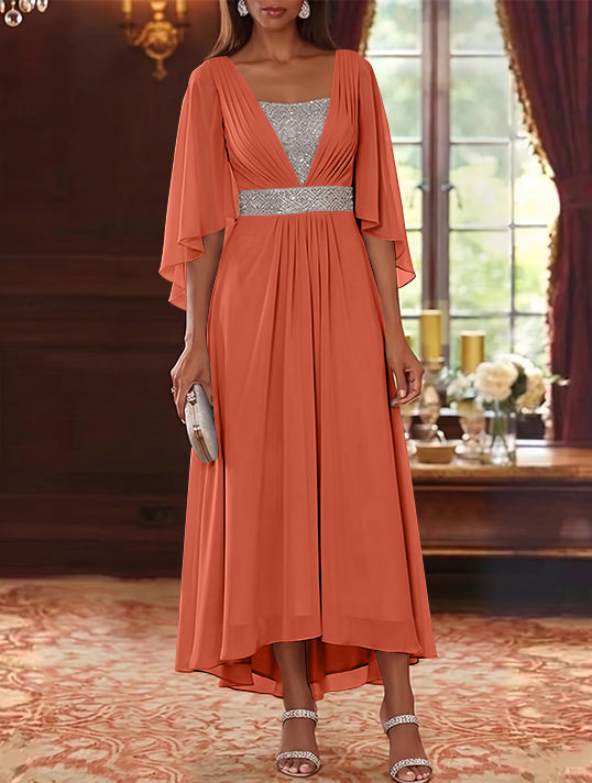 A-Line/Princess Square Collar Chiffon Mother of the Bride Dresses Sequins High-Low Tea-Length 3/4 Sleeves Sash