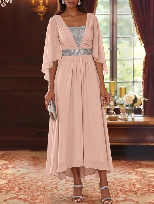 A-Line/Princess Square Collar Chiffon Mother of the Bride Dresses Sequins High-Low Tea-Length 3/4 Sleeves Sash