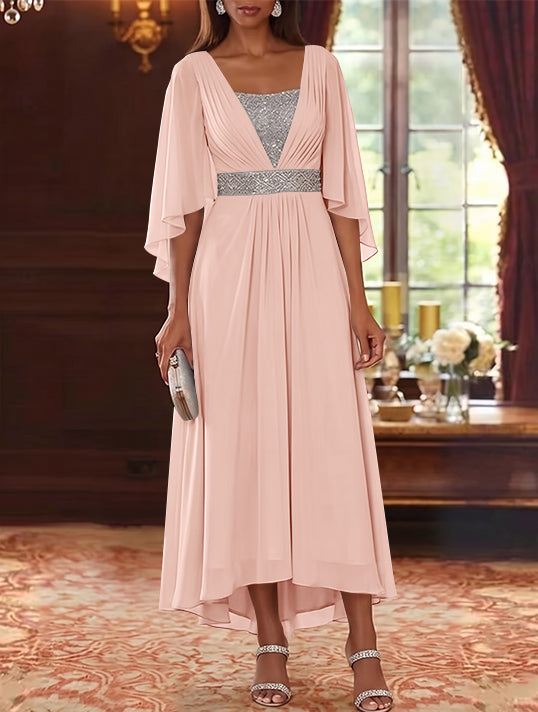 A-Line/Princess Square Collar Chiffon Mother of the Bride Dresses Sequins High-Low Tea-Length 3/4 Sleeves Sash