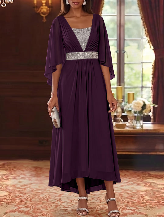 A-Line/Princess Square Collar Chiffon Mother of the Bride Dresses Sequins High-Low Tea-Length 3/4 Sleeves Sash