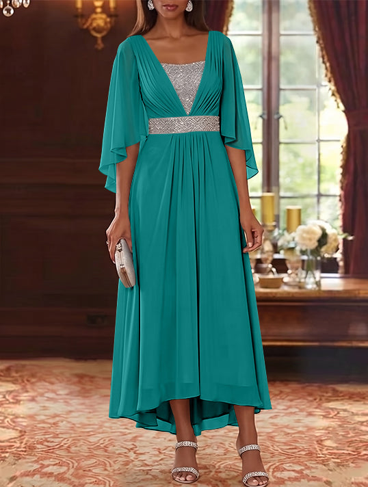 A-Line/Princess Square Collar Chiffon Mother of the Bride Dresses Sequins High-Low Tea-Length 3/4 Sleeves Sash