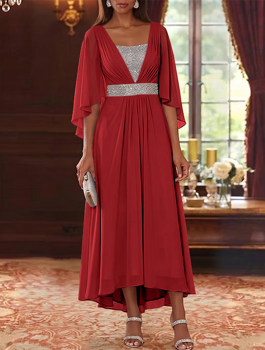A-Line/Princess Square Collar Chiffon Mother of the Bride Dresses Sequins High-Low Tea-Length 3/4 Sleeves Sash