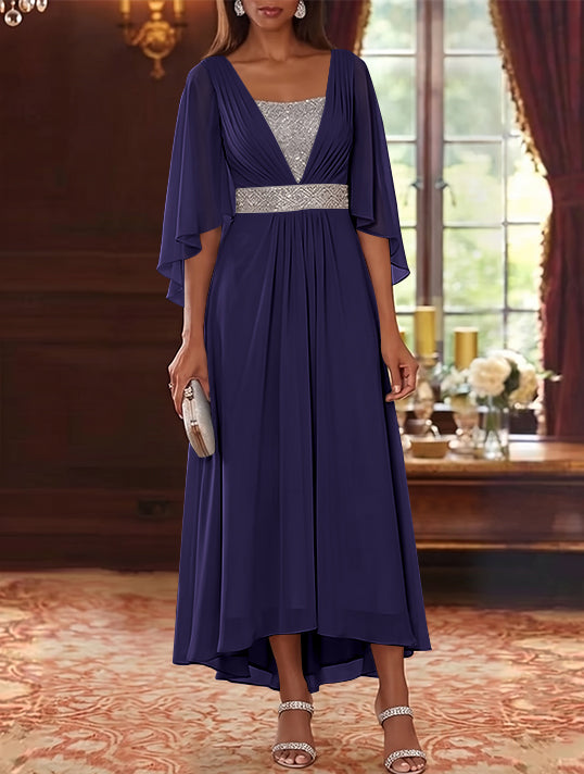 A-Line/Princess Square Collar Chiffon Mother of the Bride Dresses Sequins High-Low Tea-Length 3/4 Sleeves Sash