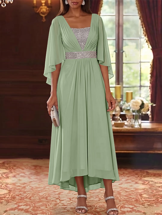 A-Line/Princess Square Collar Chiffon Mother of the Bride Dresses Sequins High-Low Tea-Length 3/4 Sleeves Sash