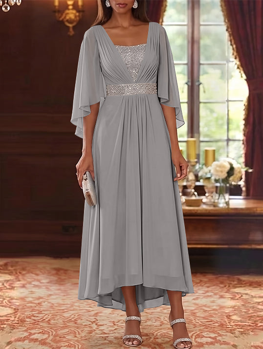 A-Line/Princess Square Collar Chiffon Mother of the Bride Dresses Sequins High-Low Tea-Length 3/4 Sleeves Sash