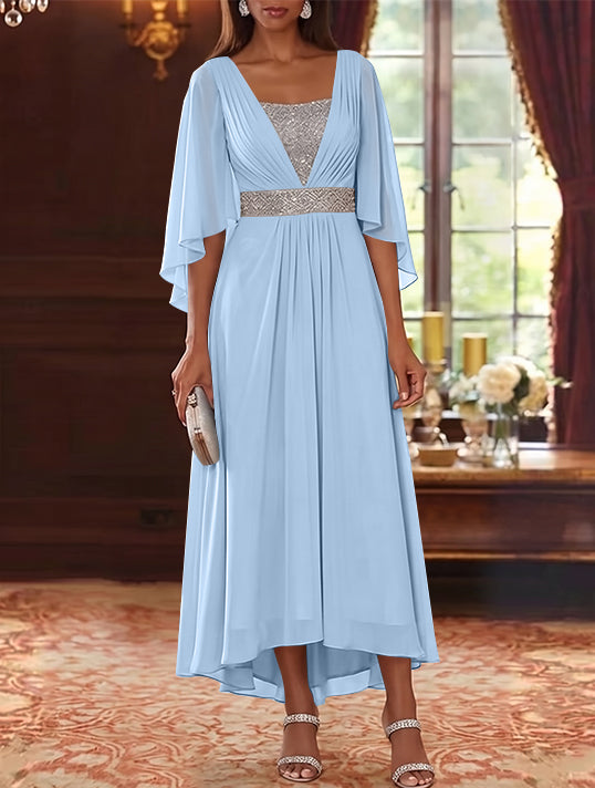 A-Line/Princess Square Collar Chiffon Mother of the Bride Dresses Sequins High-Low Tea-Length 3/4 Sleeves Sash