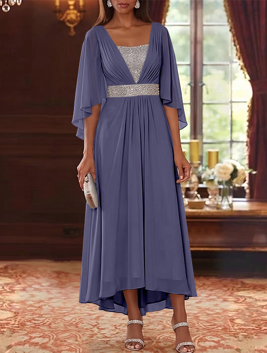 A-Line/Princess Square Collar Chiffon Mother of the Bride Dresses Sequins High-Low Tea-Length 3/4 Sleeves Sash