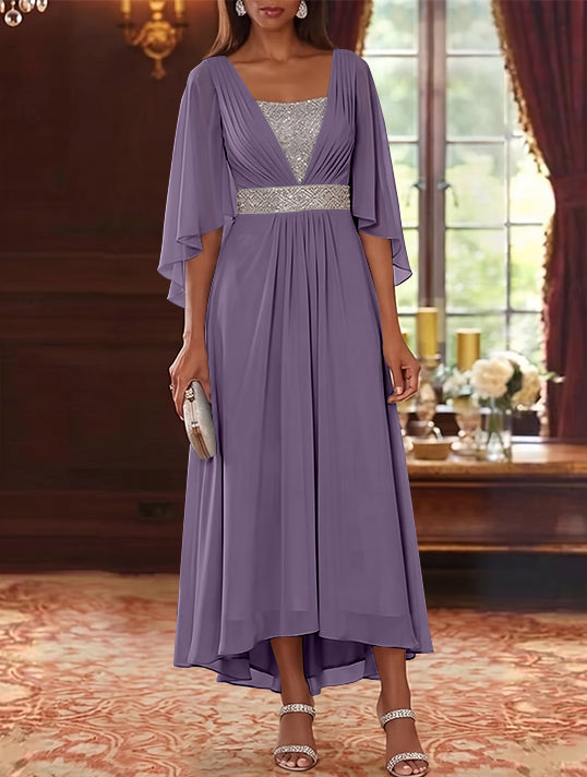 A-Line/Princess Square Collar Chiffon Mother of the Bride Dresses Sequins High-Low Tea-Length 3/4 Sleeves Sash