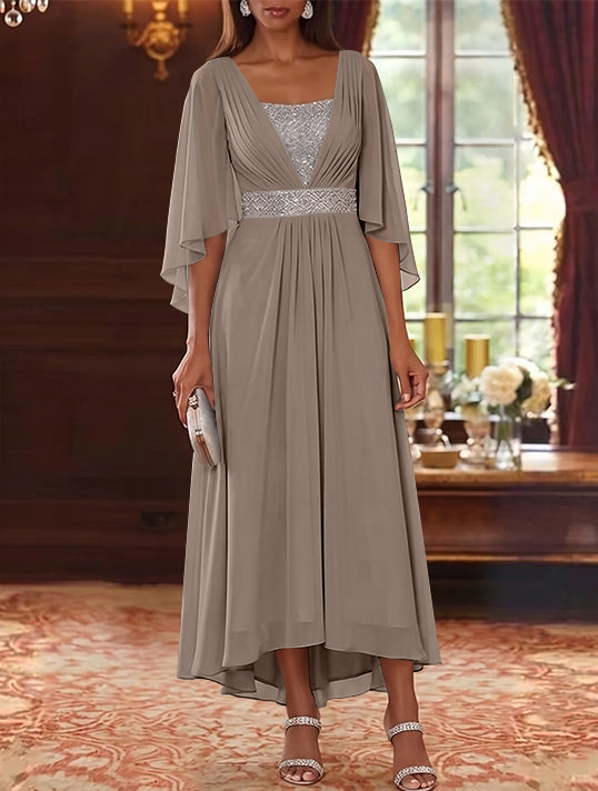 A-Line/Princess Square Collar Chiffon Mother of the Bride Dresses Sequins High-Low Tea-Length 3/4 Sleeves Sash