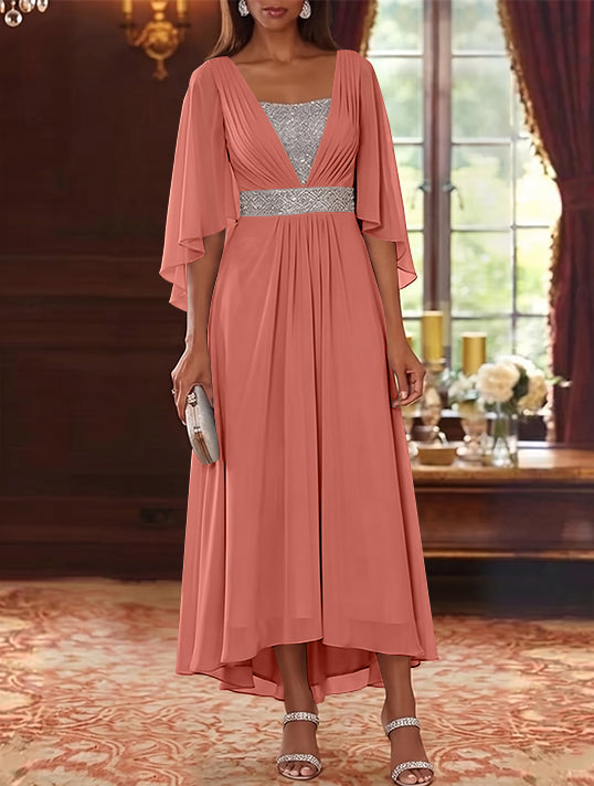 A-Line/Princess Square Collar Chiffon Mother of the Bride Dresses Sequins High-Low Tea-Length 3/4 Sleeves Sash