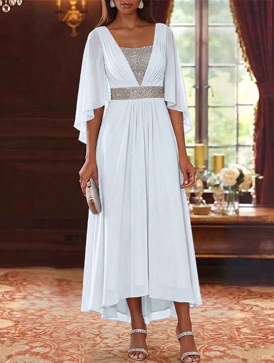 A-Line/Princess Square Collar Chiffon Mother of the Bride Dresses Sequins High-Low Tea-Length 3/4 Sleeves Sash