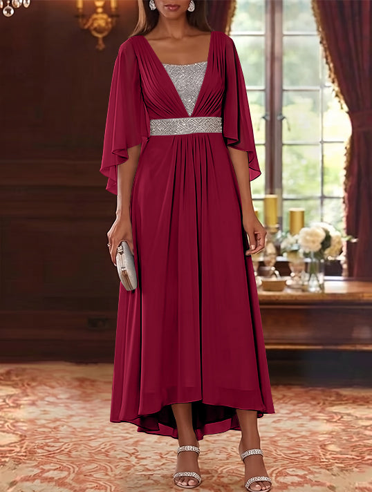 A-Line/Princess Square Collar Chiffon Mother of the Bride Dresses Sequins High-Low Tea-Length 3/4 Sleeves Sash