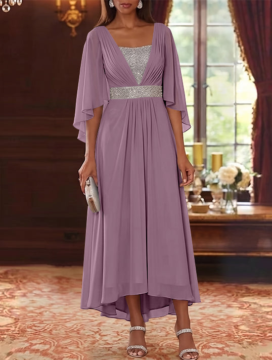 A-Line/Princess Square Collar Chiffon Mother of the Bride Dresses Sequins High-Low Tea-Length 3/4 Sleeves Sash