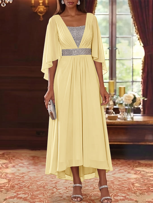 A-Line/Princess Square Collar Chiffon Mother of the Bride Dresses Sequins High-Low Tea-Length 3/4 Sleeves Sash