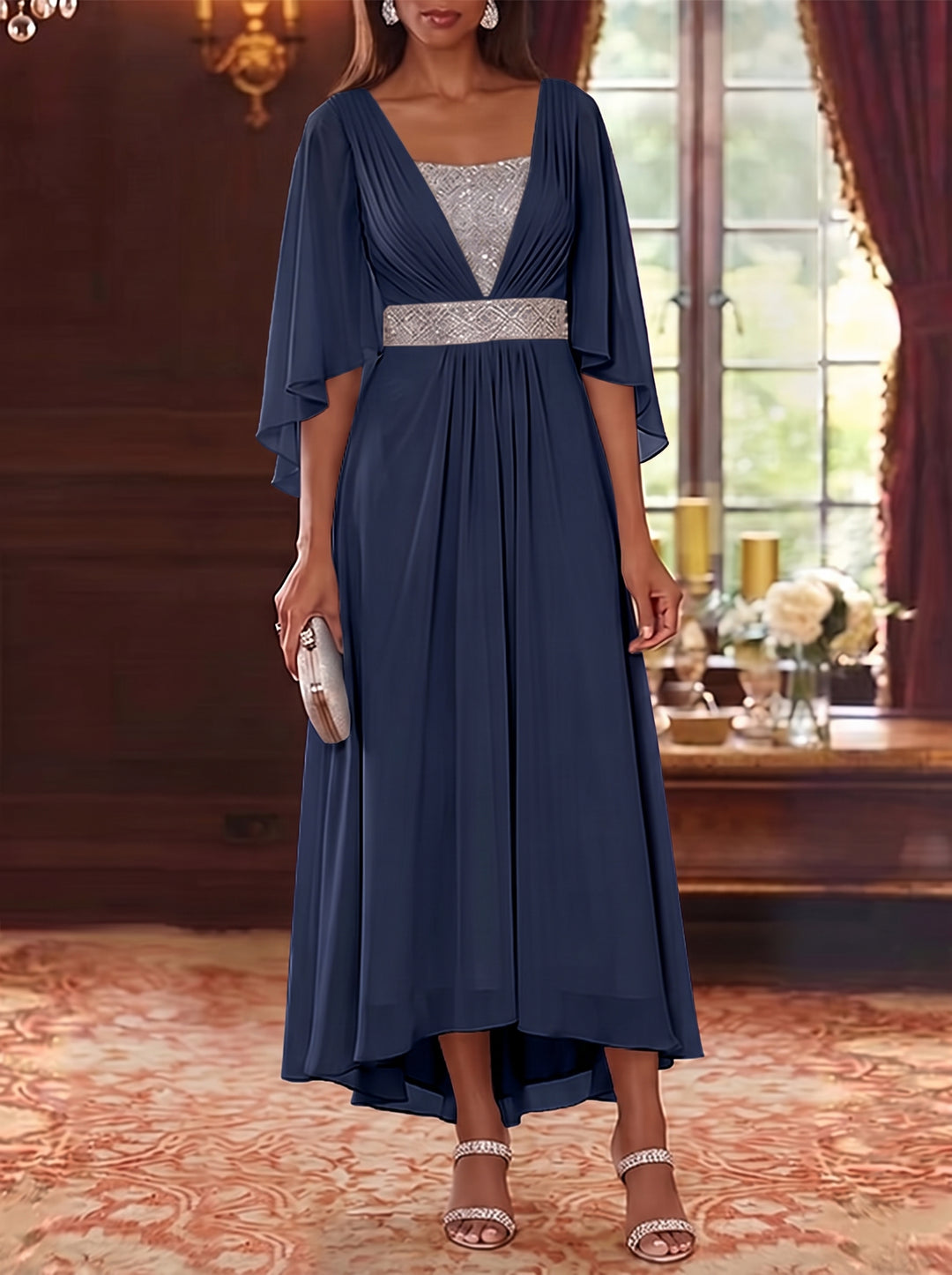 A-Line/Princess Square Collar Chiffon Mother of the Bride Dresses Sequins High-Low Tea-Length 3/4 Sleeves Sash