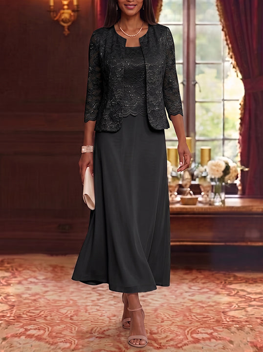 A-Line/Princess Scoop Chiffon Mother of the Bride Dresses with Jacket Floral Lace Tea-Length 3/4 Sleeves