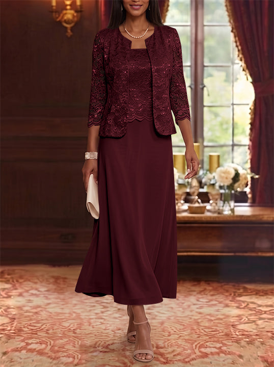A-Line/Princess Scoop Chiffon Mother of the Bride Dresses with Jacket Floral Lace Tea-Length 3/4 Sleeves