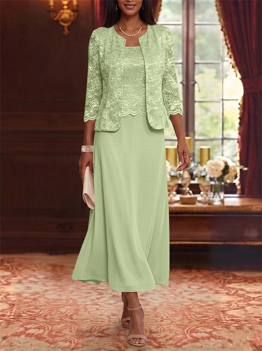 A-Line/Princess Scoop Chiffon Mother of the Bride Dresses with Jacket Floral Lace Tea-Length 3/4 Sleeves