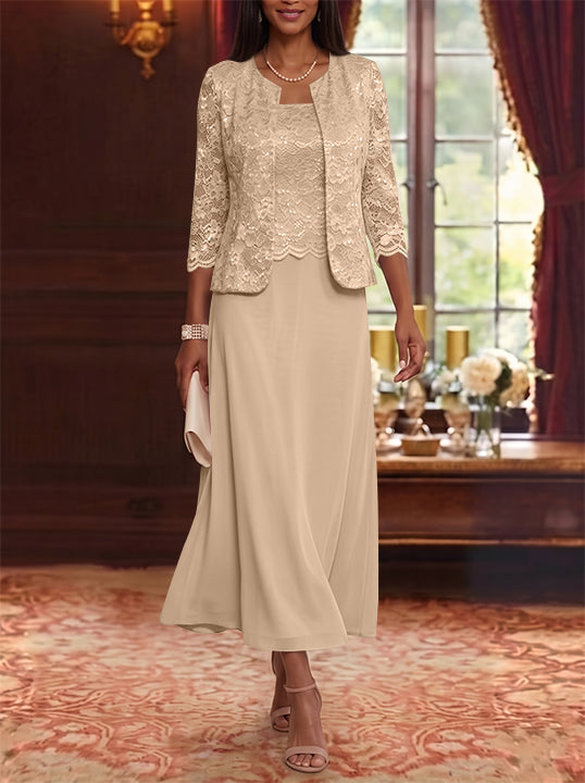 A-Line/Princess Scoop Chiffon Mother of the Bride Dresses with Jacket Floral Lace Tea-Length 3/4 Sleeves