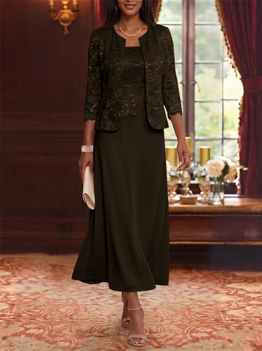 A-Line/Princess Scoop Chiffon Mother of the Bride Dresses with Jacket Floral Lace Tea-Length 3/4 Sleeves