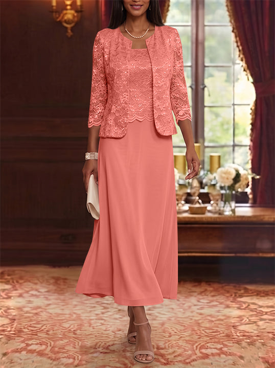 A-Line/Princess Scoop Chiffon Mother of the Bride Dresses with Jacket Floral Lace Tea-Length 3/4 Sleeves