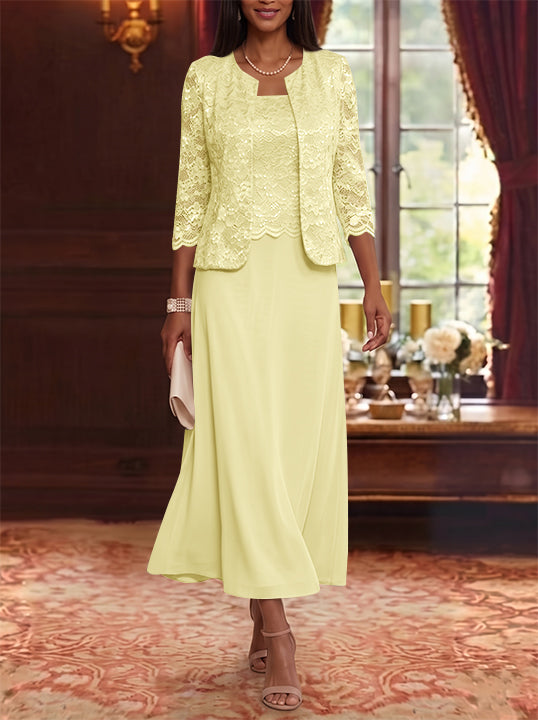 A-Line/Princess Scoop Chiffon Mother of the Bride Dresses with Jacket Floral Lace Tea-Length 3/4 Sleeves