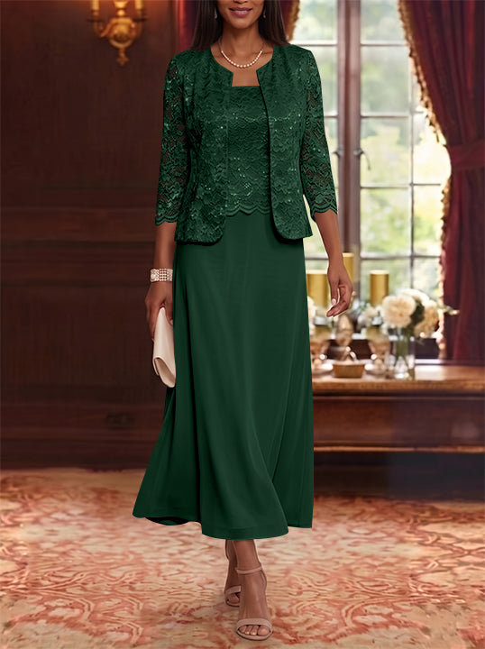 A-Line/Princess Scoop Chiffon Mother of the Bride Dresses with Jacket Floral Lace Tea-Length 3/4 Sleeves