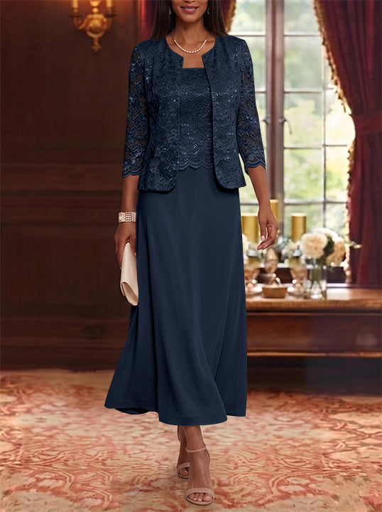 A-Line/Princess Scoop Chiffon Mother of the Bride Dresses with Jacket Floral Lace Tea-Length 3/4 Sleeves