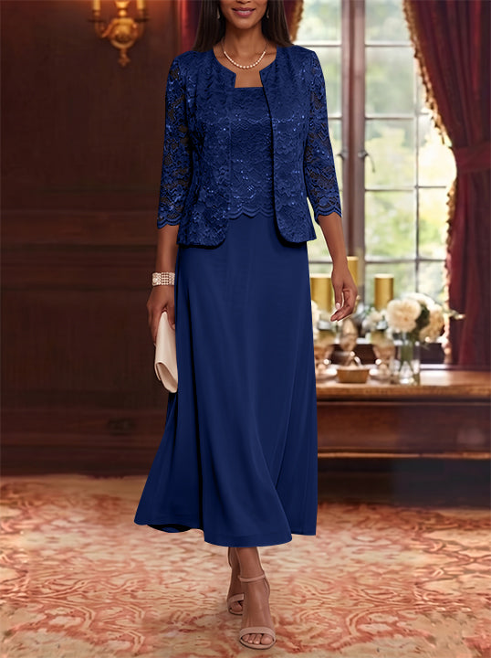 A-Line/Princess Scoop Chiffon Mother of the Bride Dresses with Jacket Floral Lace Tea-Length 3/4 Sleeves