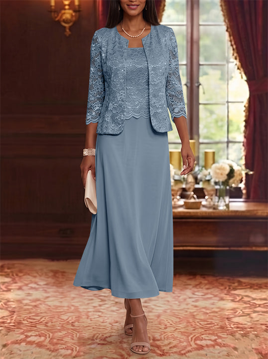 A-Line/Princess Scoop Chiffon Mother of the Bride Dresses with Jacket Floral Lace Tea-Length 3/4 Sleeves